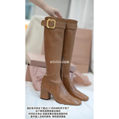 MIU 皮带扣高筒骑士靴女 粗跟不过膝弹力长靴女真皮修身 张元 英同款