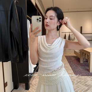 DIGM假两件蕾丝衫 显瘦上衣A91001 女夏法式 高级感蕾丝拼接荡领修身