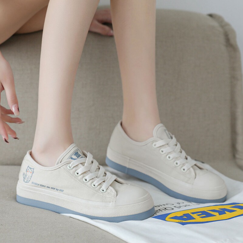 时尚人本帆布鞋女款夏季休闲鞋小白鞋透气系带单鞋潮软底女鞋舒适