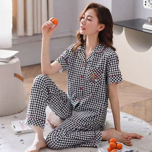 开衫 短袖 格子全棉妈妈宽松家居服套 薄款 100%纯棉睡衣女夏季