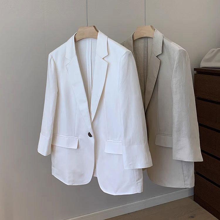 岛国轻奢 亚麻+棉 舒适透气翻驳领一粒扣薄款休闲七分袖西装外套