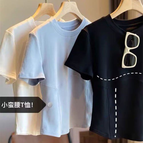 辣妹衣橱 立体剪裁舒适棉小蛮腰圆领显瘦短袖上衣女T恤短款小衫夏