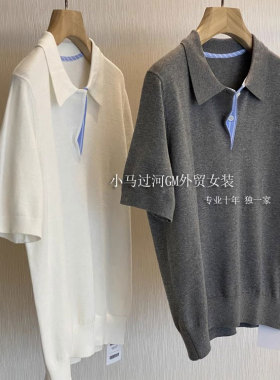渠道货！！！掌柜自留推，m*u系休闲拼接衬衫polo领针织短袖衫女
