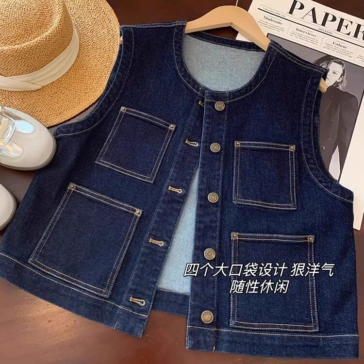 小禾柜上货土壤环保牛仔帅气腔调明线四口袋圆领无袖牛仔马甲背心