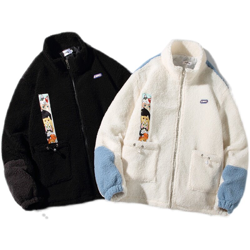 EY113白底港风冬季新款拼接羊羔毛加厚棉衣棉服潮流外套宽松P115,男装棉衣,电商C306
