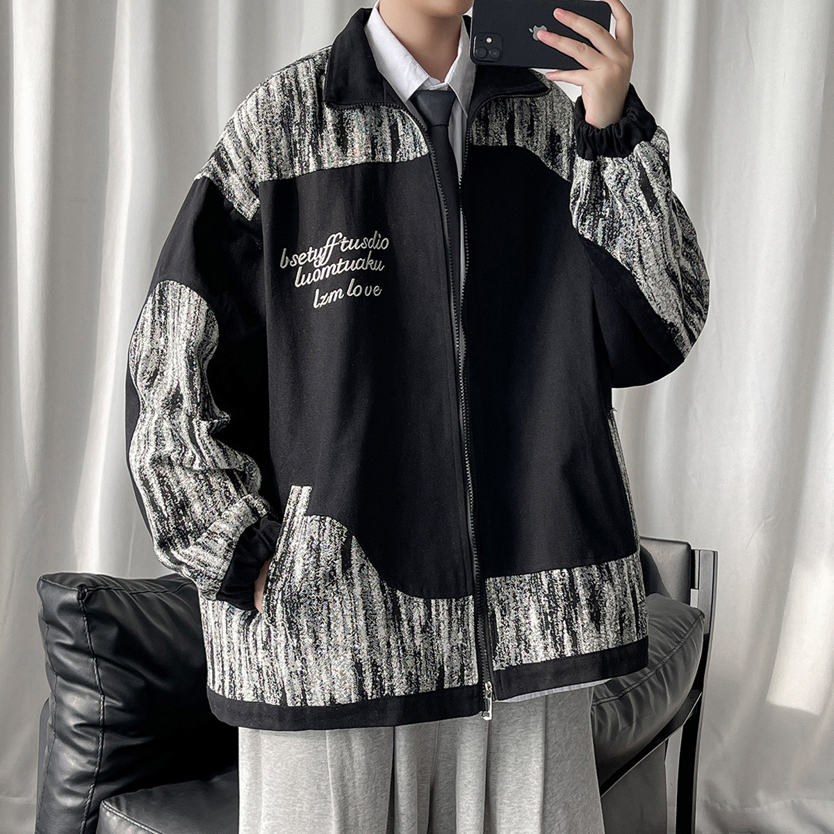 EY98 秋季新款男女港风情侣撞色拼接工装开衫夹克棒球服外套 P88图片