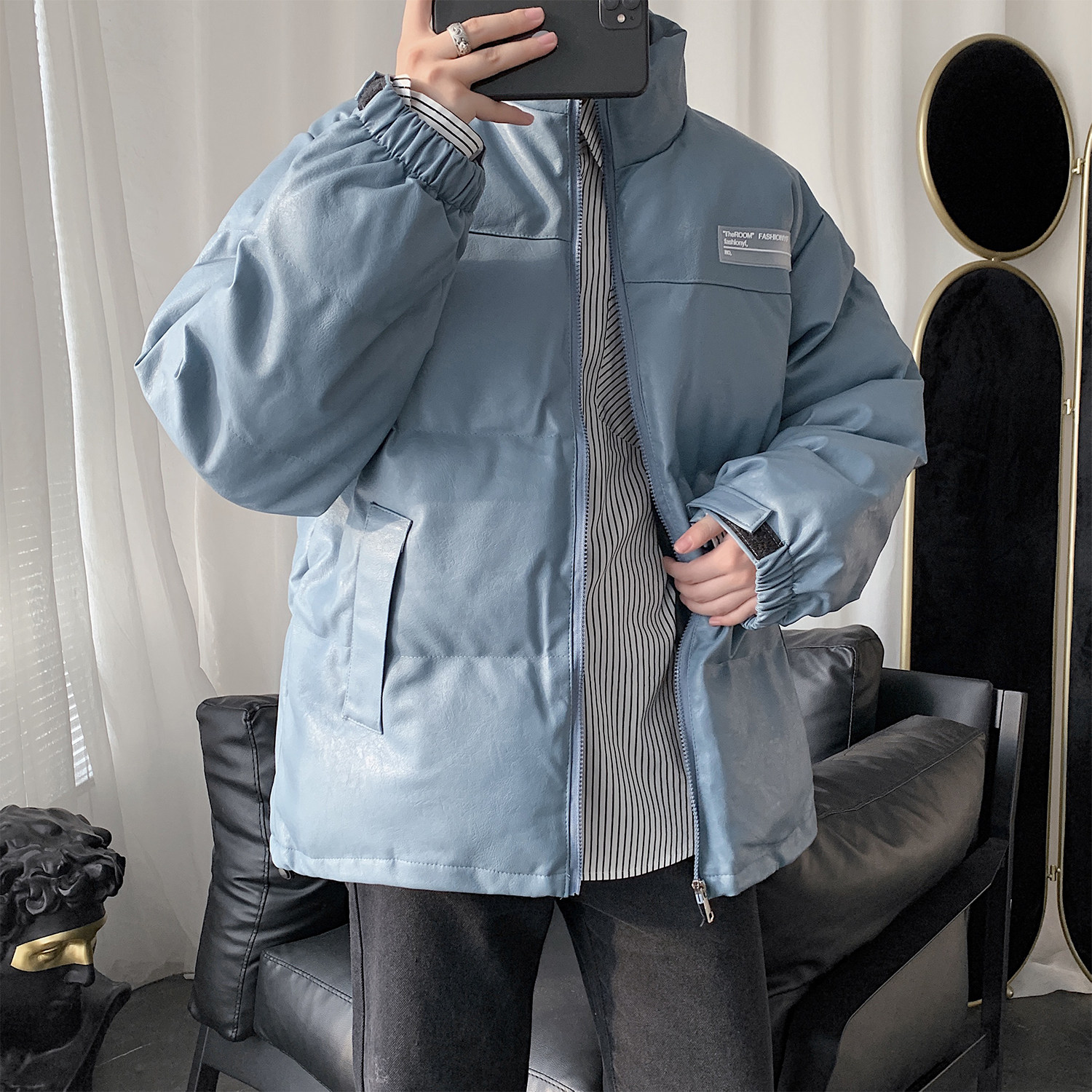 Q603冬季港风男女pu皮衣棉衣机车服加厚棉服外套日系大码P128,男装皮衣,电商C306