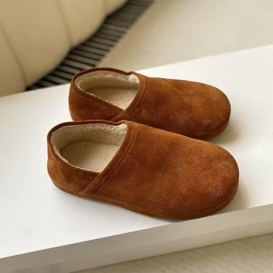 欧洲站反绒皮勃肯鞋女25冬季厚底包头一脚蹬懒人鞋加绒保暖毛毛拖
