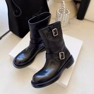 欧洲站女靴2025款 真皮扣带马丁靴英伦粗跟机车短靴显瘦增高直筒靴