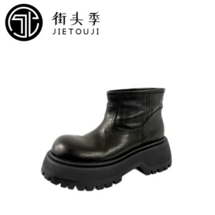 圆头复古厚底松糕烟管靴一脚蹬马丁靴 女鞋 街头季 JIETOUJI