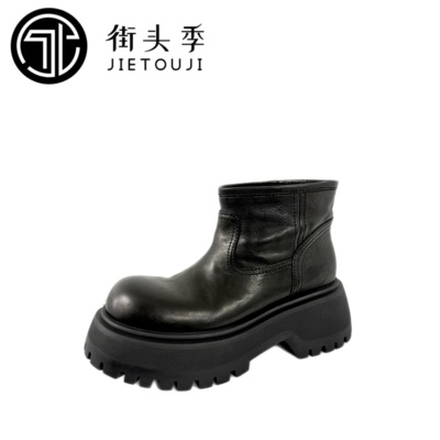 街头季丨JIETOUJI 女鞋圆头复古厚底松糕烟管靴一脚蹬马丁靴