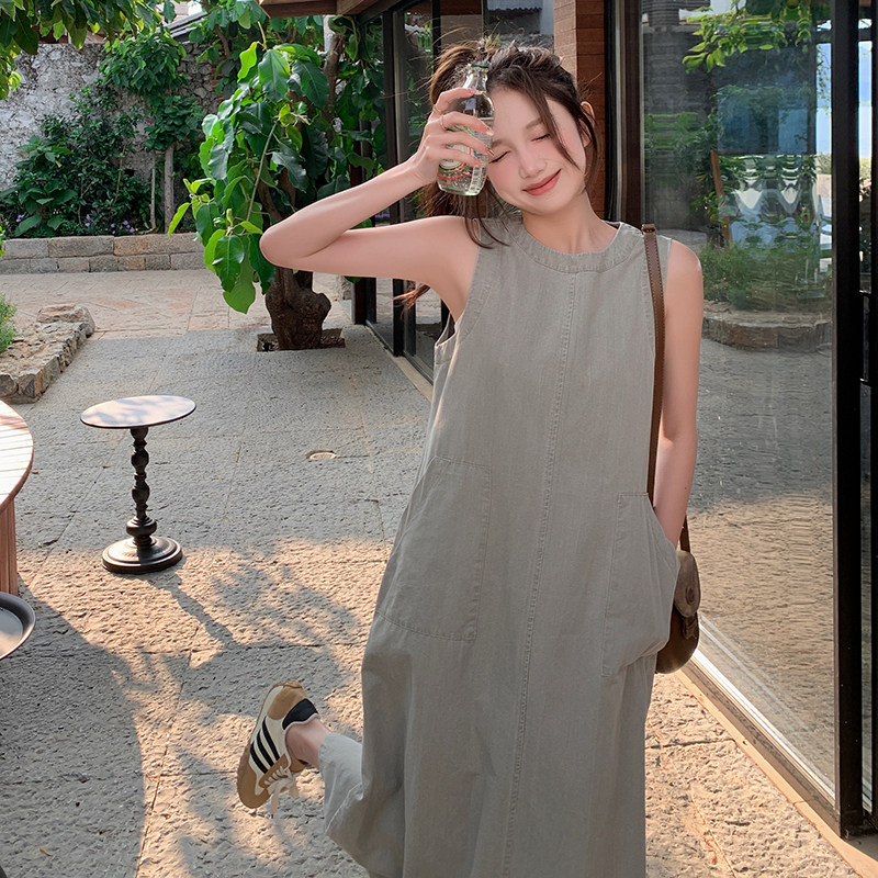 日系甜美减龄工装背心连衣裙女2025夏季新款韩版宽松显瘦牛仔长裙,女装连衣裙,卡莱