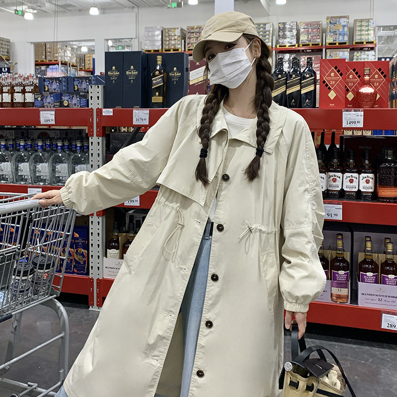 休闲慵懒风衣外套女春秋2025独特超火好看抽绳收腰立领中长款大衣,女装风衣,卡莱