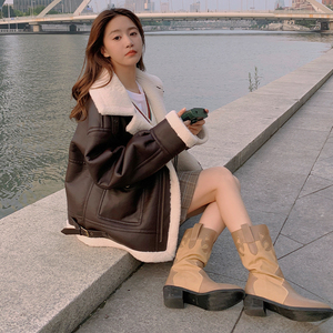 羊羔毛皮毛一体机车服外套女2024冬装新款小个子bf风短款加厚棉服图片