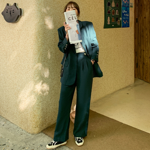 墨绿色西装套装女2025春季新款简约高级感气质休闲西服长裤两件套图片
