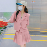 活泼减龄绿色西装套装裙女夏季薄款2025新款网红百褶裙两件套夏装，女装套装/套裙，卡莱