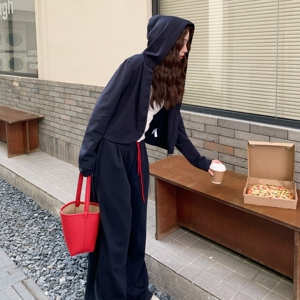 休闲减龄穿搭藏蓝色连帽上衣套装女春秋超火好看高级感长裤两件套图片