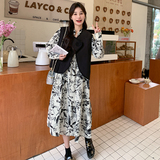 新中式水墨画连衣裙套装女2024年春季新款韩系气质马甲坎肩两件套，女装套装/套裙，卡莱