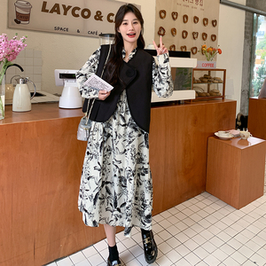 新中式水墨画连衣裙套装女2024年春季新款韩系气质马甲坎肩两件套图片