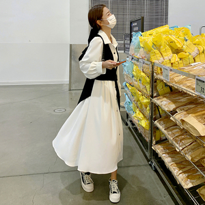 别致独特连衣裙女2025春秋拼接黑白撞色通勤假两件收腰衬衫裙长裙图片