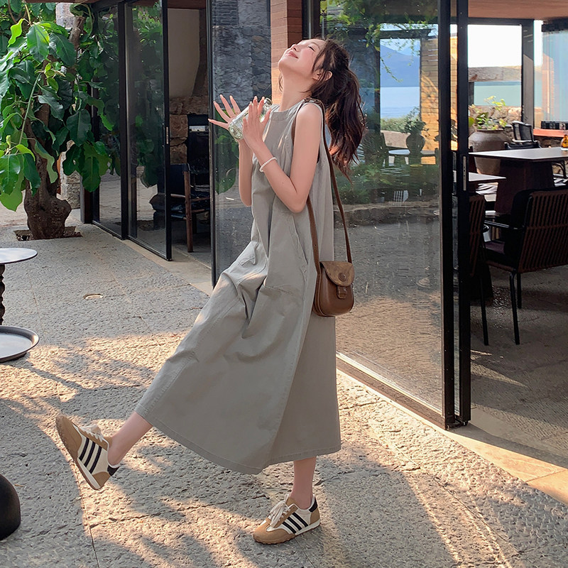 日系甜美减龄工装背心连衣裙女2025夏季新款韩版宽松显瘦牛仔长裙,女装连衣裙,卡莱