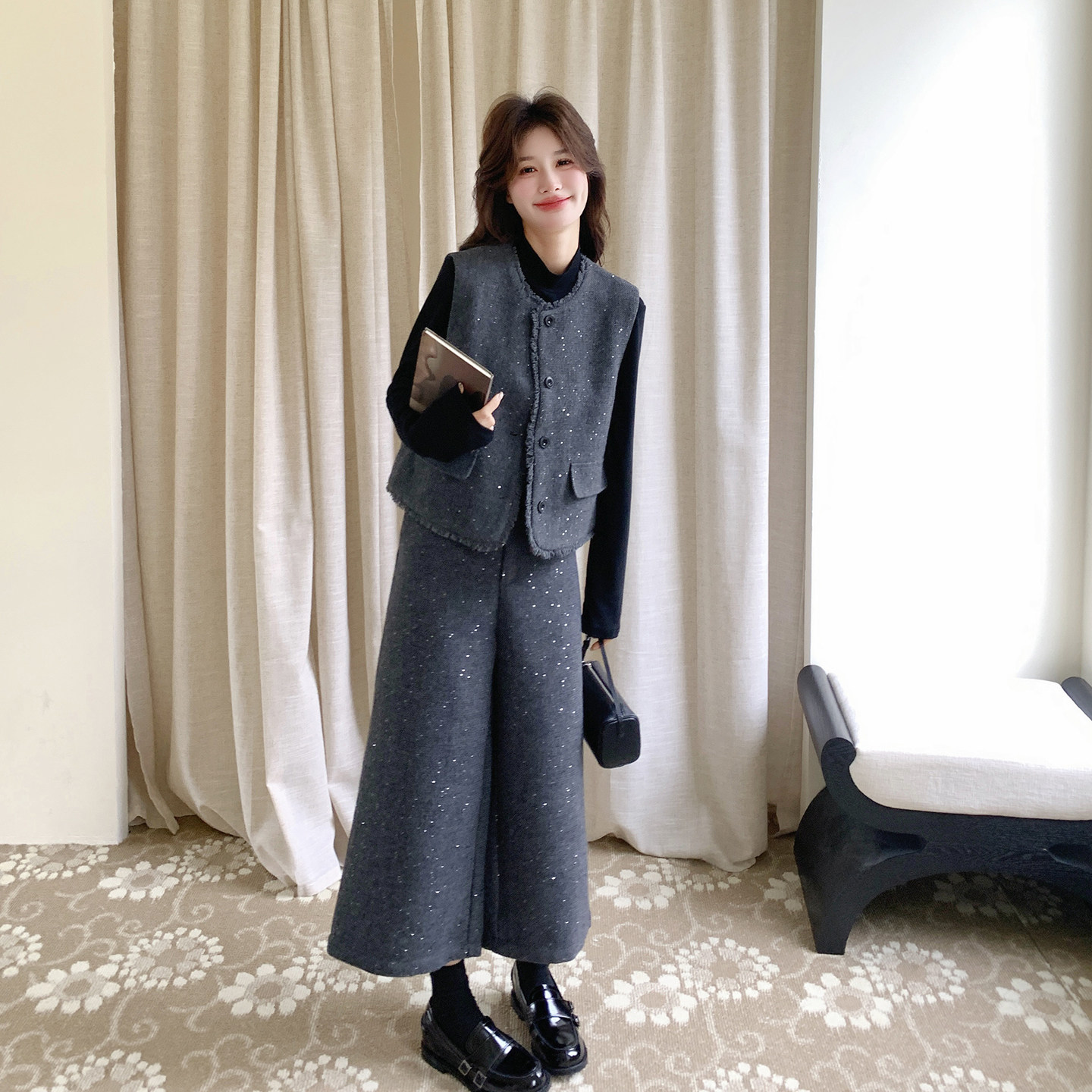 【新款】小香风马甲阔腿裤T桖3件套装207-8058P205控328,女装套装/套裙,卡莱