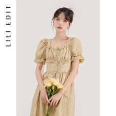 LILI EDIT 温柔方领抽褶泡泡袖连衣裙夏季女法式优雅气质桔梗裙子