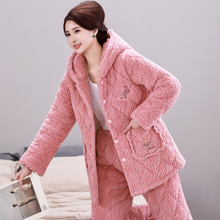 连帽睡衣女秋冬季珊瑚绒三层夹棉加厚保暖加绒中老年家居服妈妈款