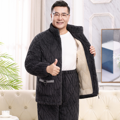 睡衣男士加厚加绒珊瑚绒三层夹棉保暖中老年爸爸家居服秋冬季爷爷