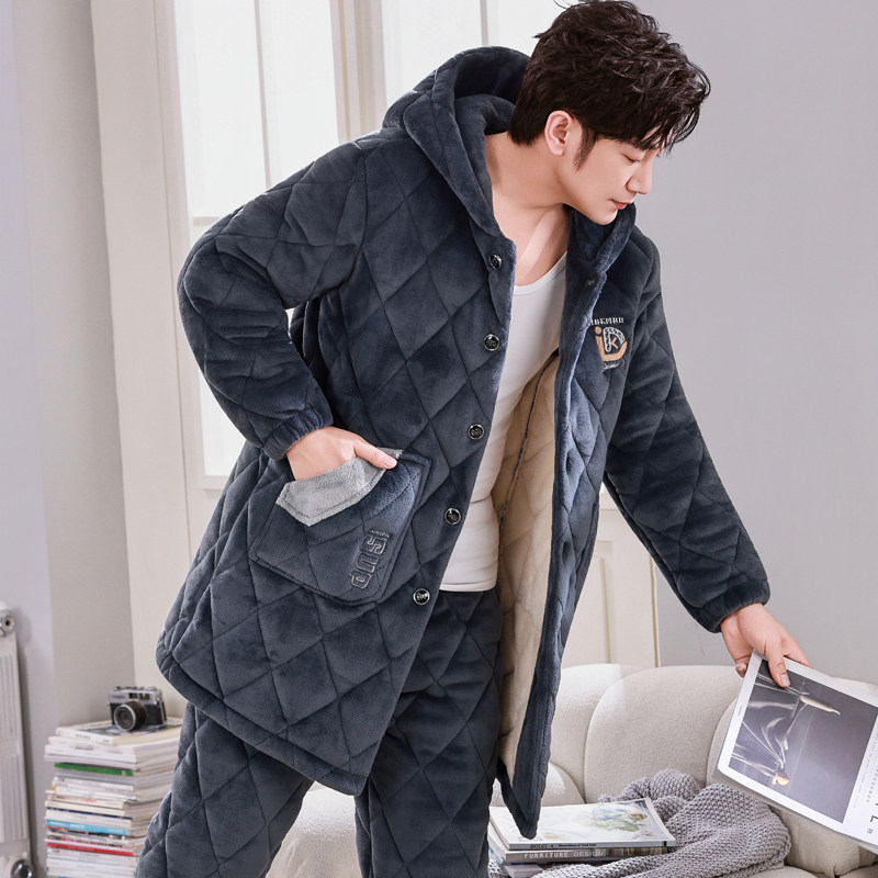 加长款连帽睡衣男士秋冬季三层加厚加绒珊瑚绒夹棉保暖家居服套装