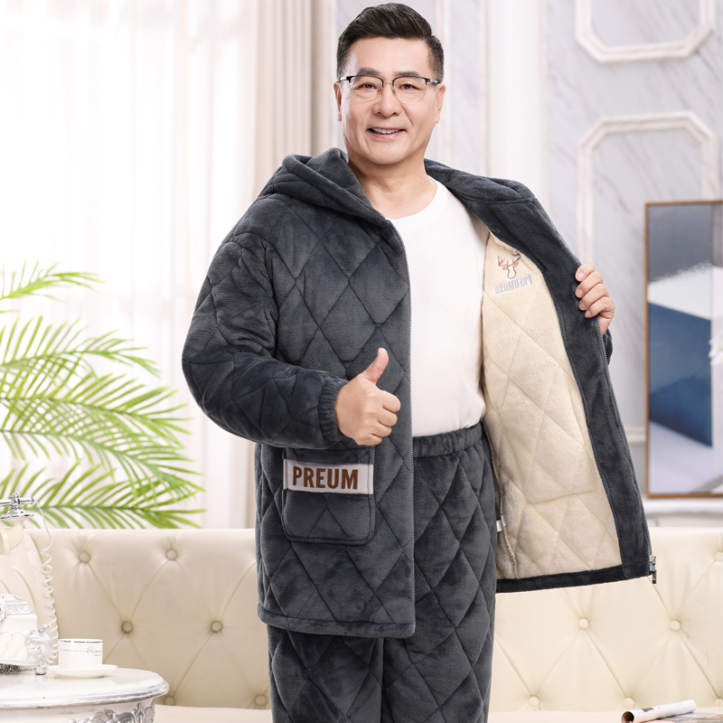 连帽中老年睡衣冬季男士爸爸爷爷