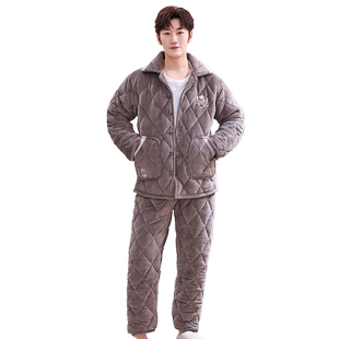 珊瑚绒睡衣男士秋冬季加厚加绒三层夹棉袄套装保暖家居服冬天款
