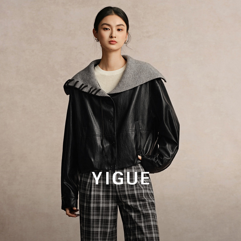 【专柜买手珠珠】亦谷黑色皮衣女针织拼接大翻领酷飒pu夹克外套,女装/女士精品,短外套,淘宝优惠券,粉丝福利购,淘宝优惠卷