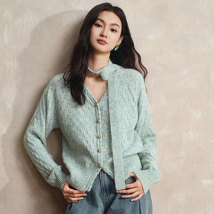 外套女秋立体花飘带格纹上衣 亦谷莫奈绿毛衣开衫 晶晶姐妹专属