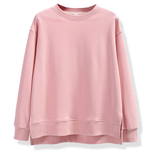 开叉加绒圆领春秋薄款 宽松纯色上衣 卫衣女休闲显瘦无帽粉色韩版