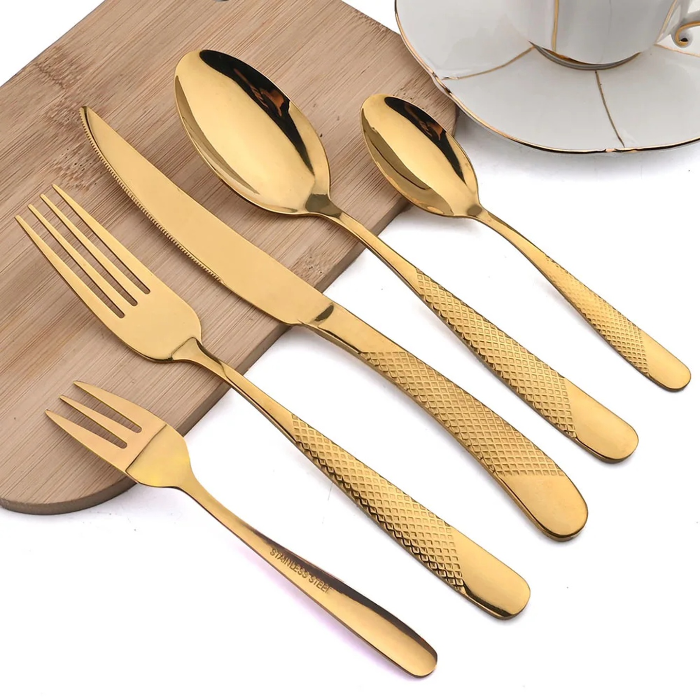 AJOYOUS 30Pcs Dinnerware Set Steak Knives Fork Tea Spoon Cu