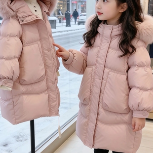 女童新款中长款羽绒棉服洋气保暖儿童外套加厚带毛领上衣