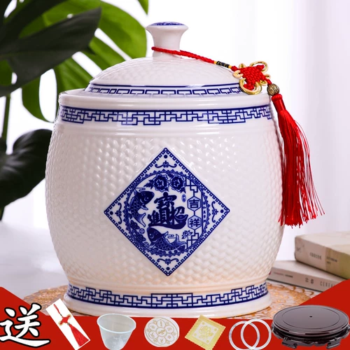 Церамический рисовый резервуар Jingdezhen с крышкой с крышкой масла и бака с водой Домохозяйственные рисовые ящики для герметизации насекомого прилив 10 кг.