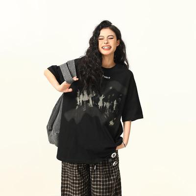 野生阿子美式复古外星人印花小众设计感短袖T恤男女夏季宽松半袖