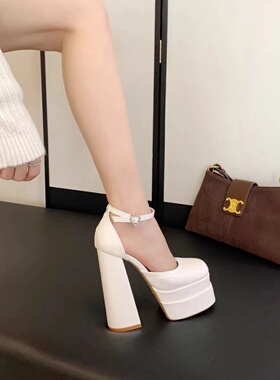 15cm白色欧美时尚防水台方头中空粗跟包头恨天高绸缎高跟走秀凉鞋