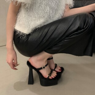 恨天高15cm夜场毛毛鞋 女性感粗跟防水台模特走秀超高跟露趾凉拖鞋