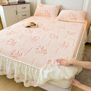 新款 花边保暖席梦思床垫保护套被套 兔毛绒雕花四件套床裙床笠冬季