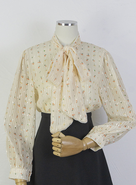 秋季新款韩版碎花蕾丝系带蝴蝶结珍珠很仙宽松百搭洋气长袖女衬衫