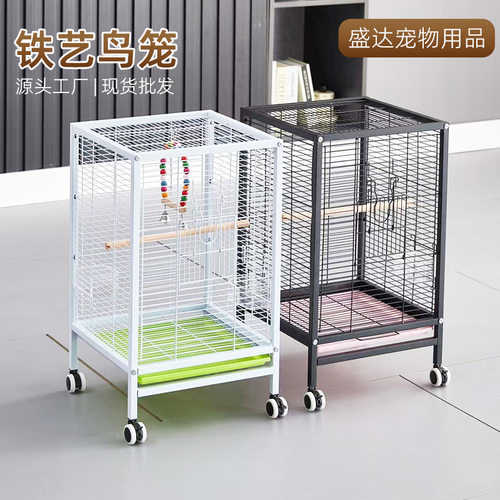 小型鹩哥鸟笼豪华别墅带轮可移动八哥笼子家用防溅铁艺鸟笼