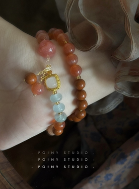 新中式天然石橘色叠戴双圈手串女小众高级感百搭合香珠药珠手链