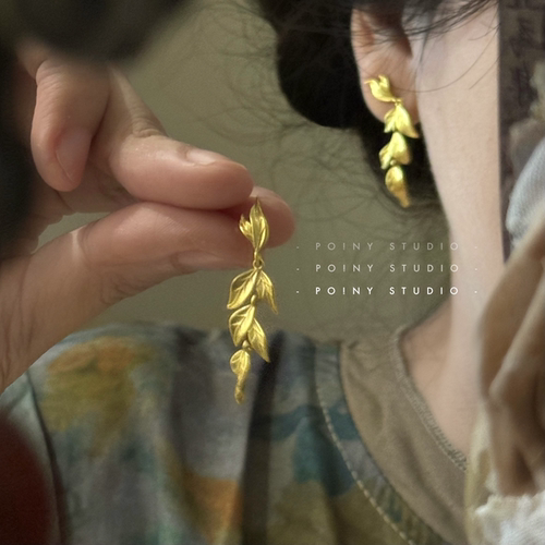 复古金色叶子耳环女小众设计感高级气质精致耳坠耳钉耳饰耳夹新款