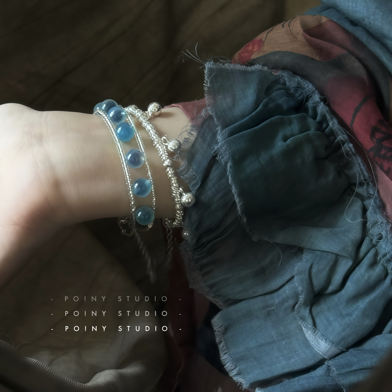 蓝玛瑙叠戴纯银手链女小众设计感碎银流苏手饰复古高级感配饰