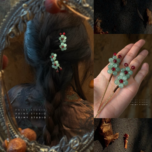 手工编织花朵造型发簪女复古绿色珠子发饰头饰短款簪子头饰新款