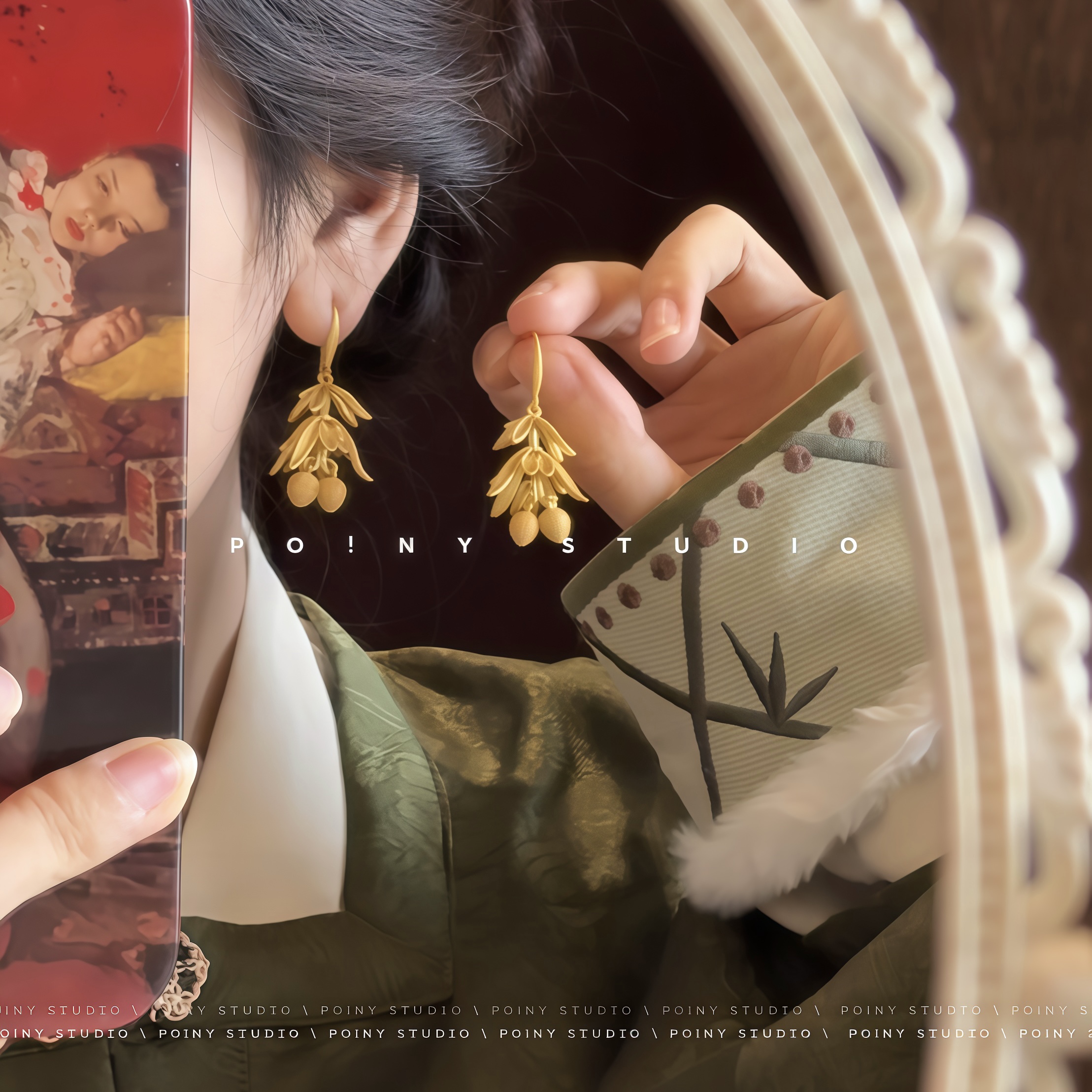 汉服首饰荔枝纯银镀金耳坠中式