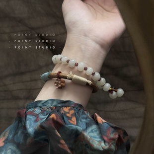 鸡血藤手镯玉珠木环双拼手链复古文艺手串汉服配饰小众设计感手饰